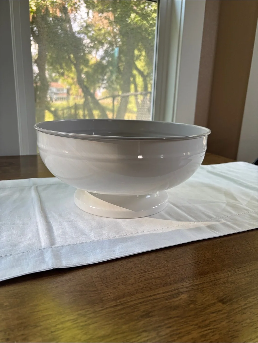 White Pedestal Serving Bowl with Silver Rim